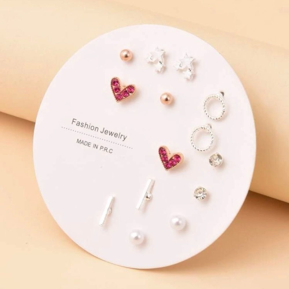 7 pair of stud earrings, heart, star, bar, silver, gold, hoop, circle
